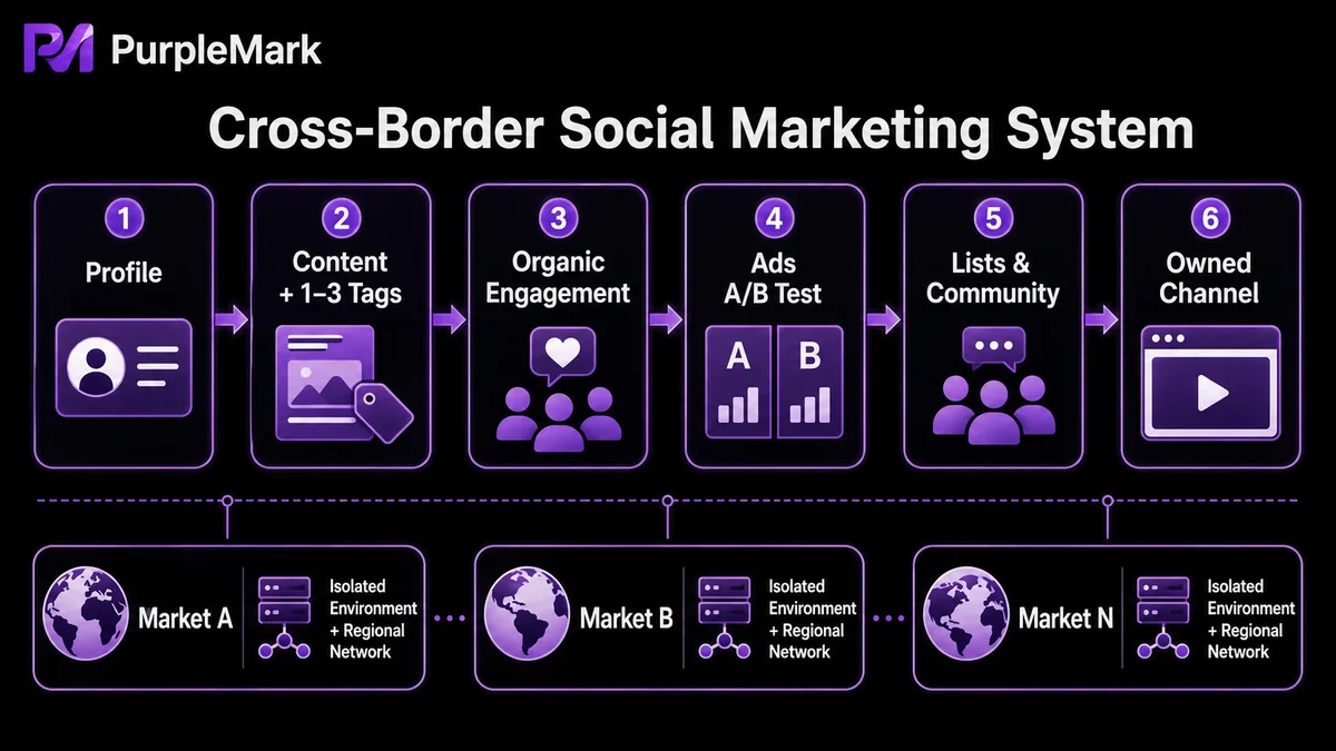 A complete cross-border social marketing path from profile and content to ads, communities, and owned channels