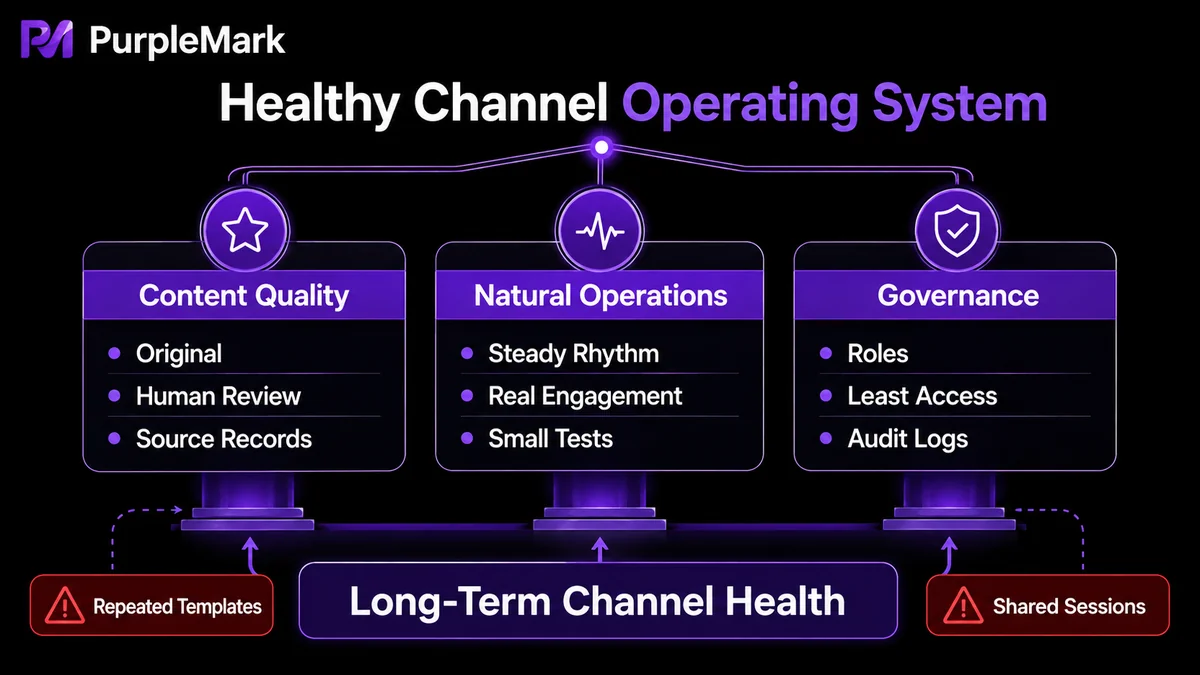 A framework showing that a healthy video channel is supported by content quality, natural operations, and team governance