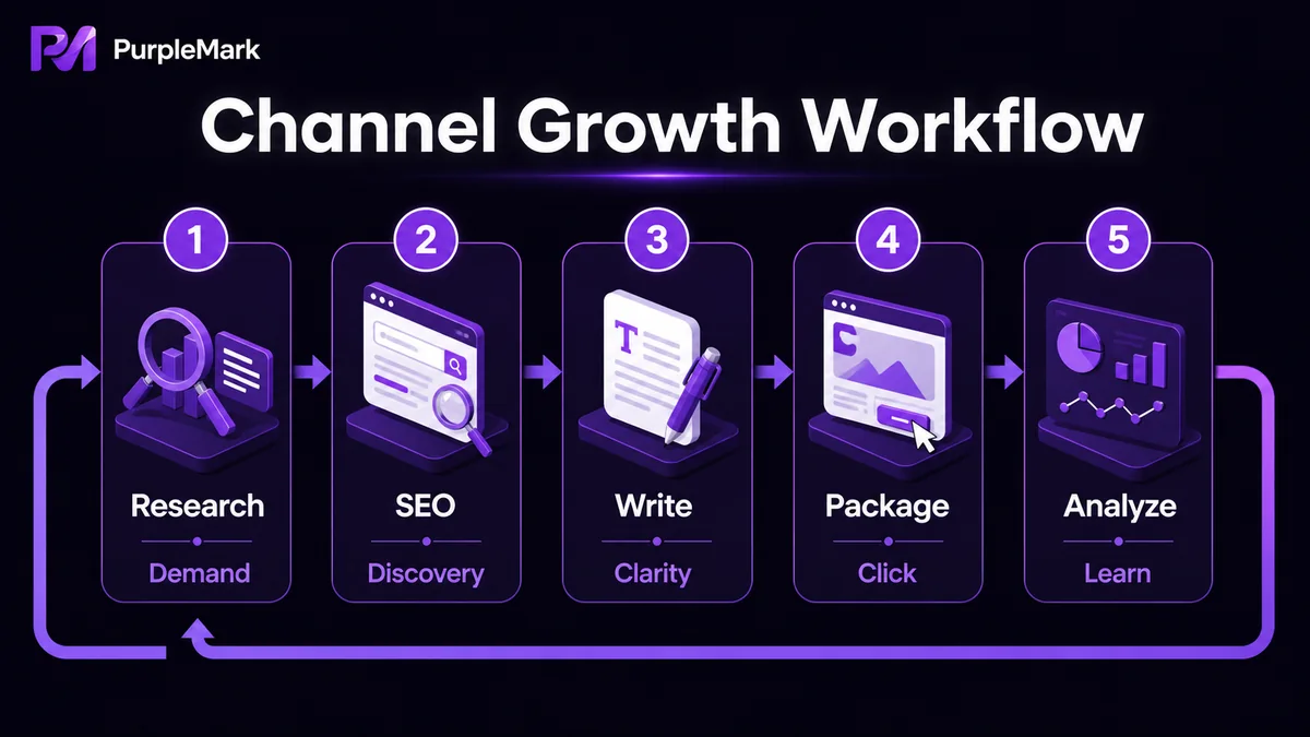 A circular YouTube channel workflow from topic research and search optimization to copywriting, branding, and performance review