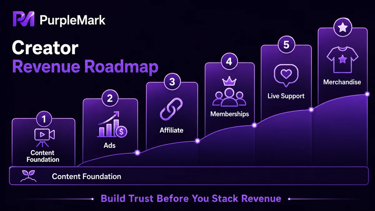 YouTube creator monetization path from content fundamentals to ads, affiliate marketing, memberships, livestream support, and product sales