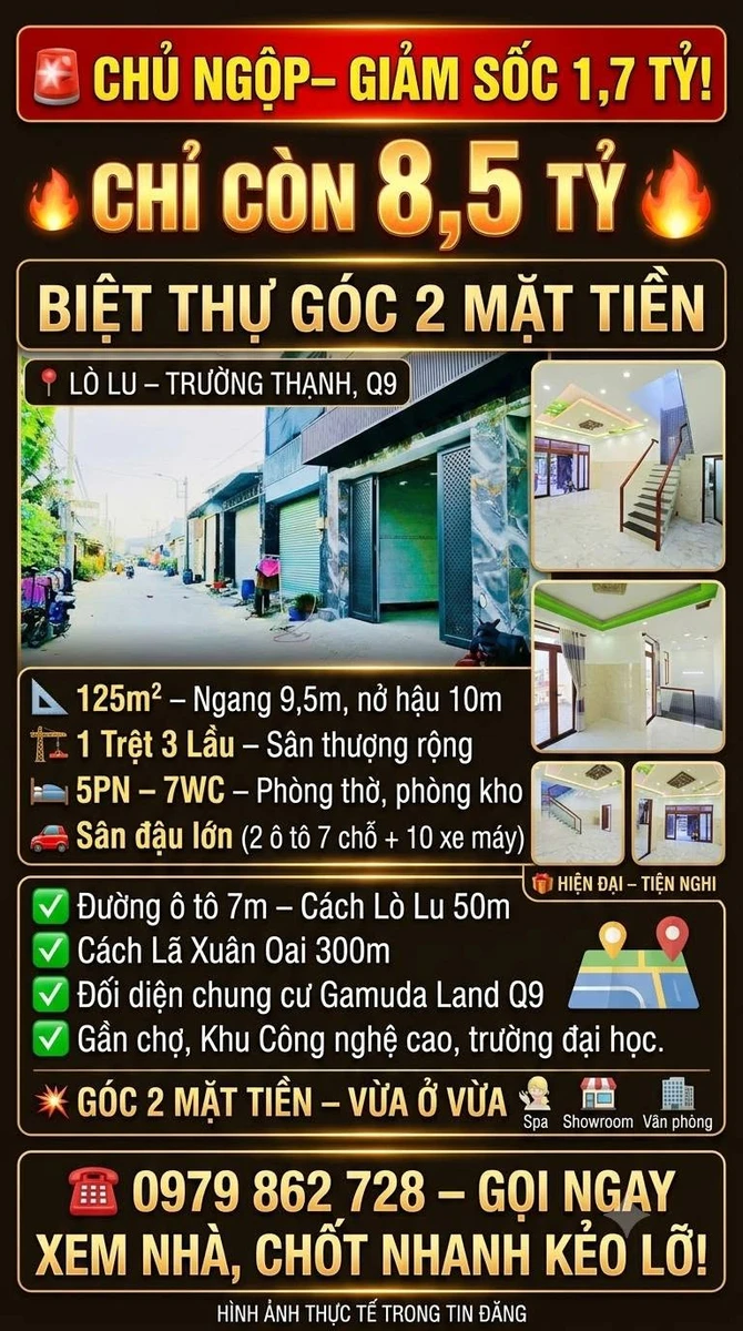 Bán biệt thự góc 2 mặt tiền Lò Lu Q9, 125m², 8.5 tỷ - Ảnh 1