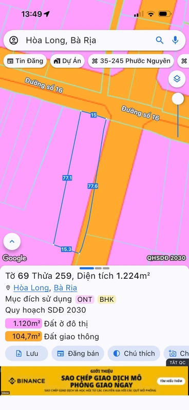 Bán đất mặt tiền Đường 16, Bà Rịa, 1.225 m²