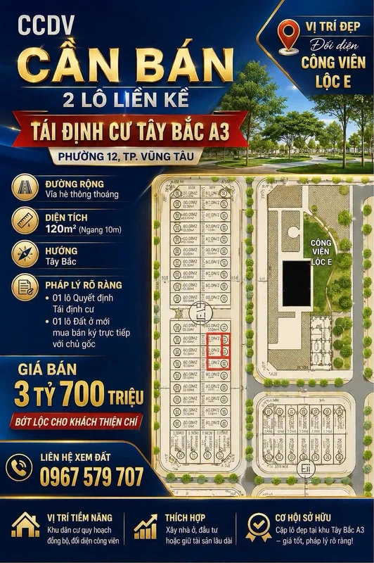 Bán 2 lô liền kề 1200m² Tây Bắc, Vũng Tàu