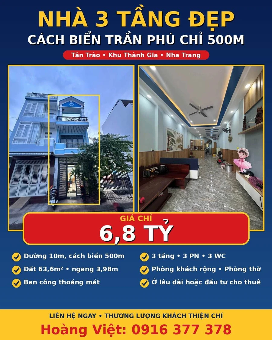 Bán nhà 3 tầng 63.6m² gần biển Nha Trang 6.8 tỷ - Ảnh 1