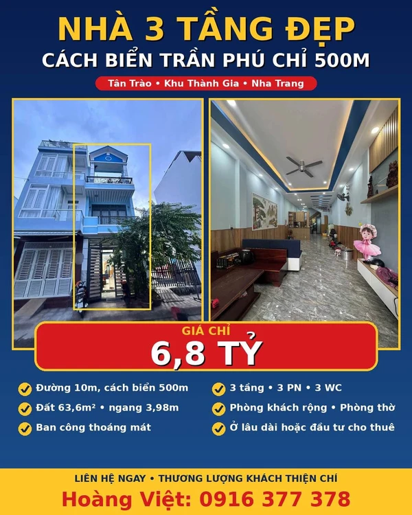 Bán nhà 3 tầng 63.6m² gần biển Nha Trang 6.8 tỷ