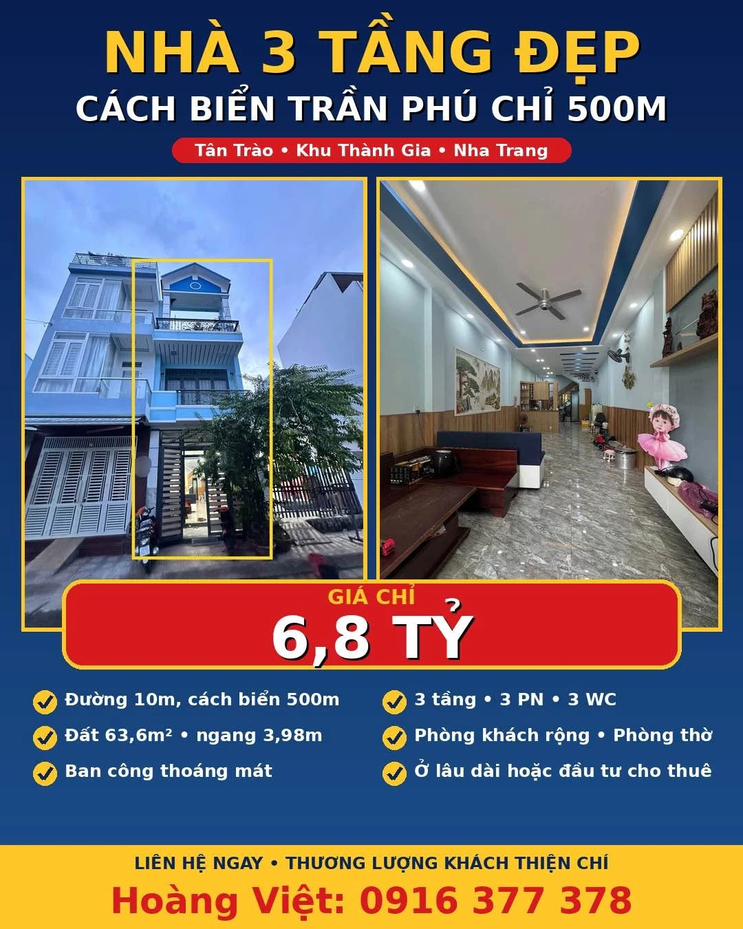 Bán nhà 3 tầng 63.6m² gần biển Nha Trang 6.8 tỷ - Ảnh 1