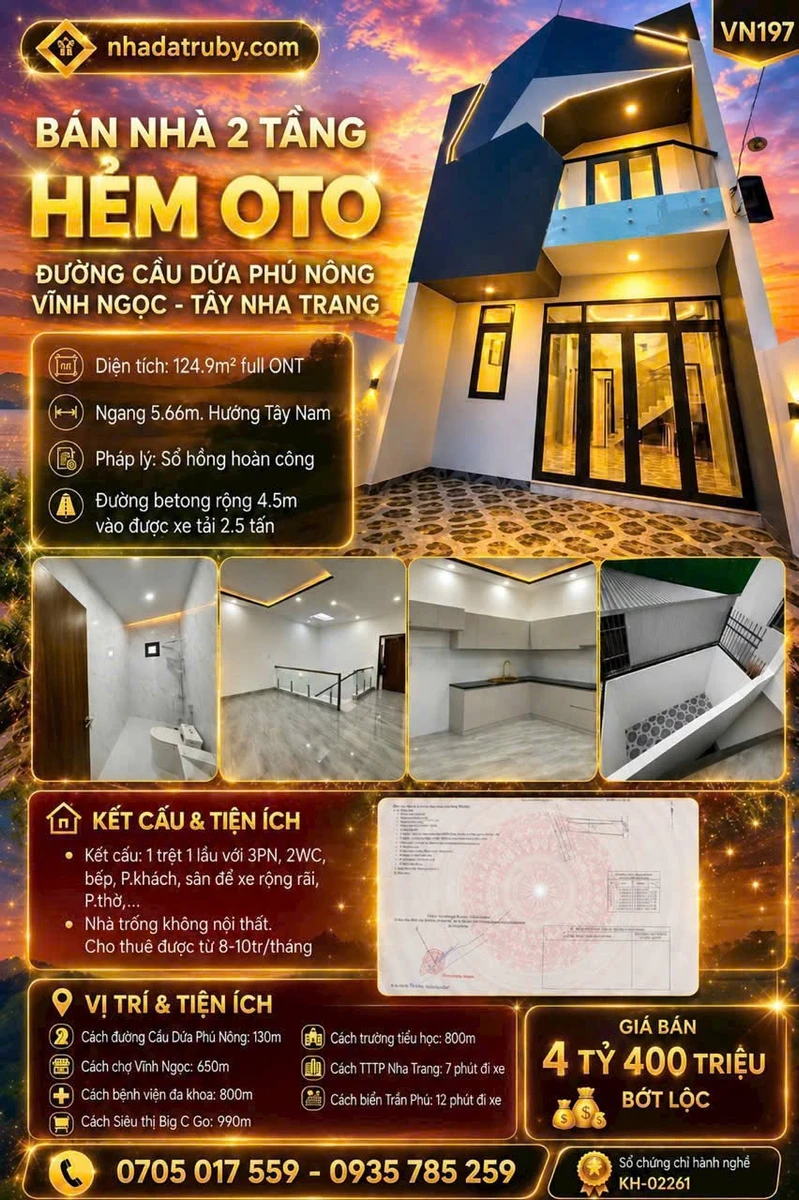 Bán nhà 2 tầng hẻm ô tô 124.9m2 đường Cầu Dứa, Phú Nông, Tây Nha Trang giá 4,4 tỷ - Ảnh 1