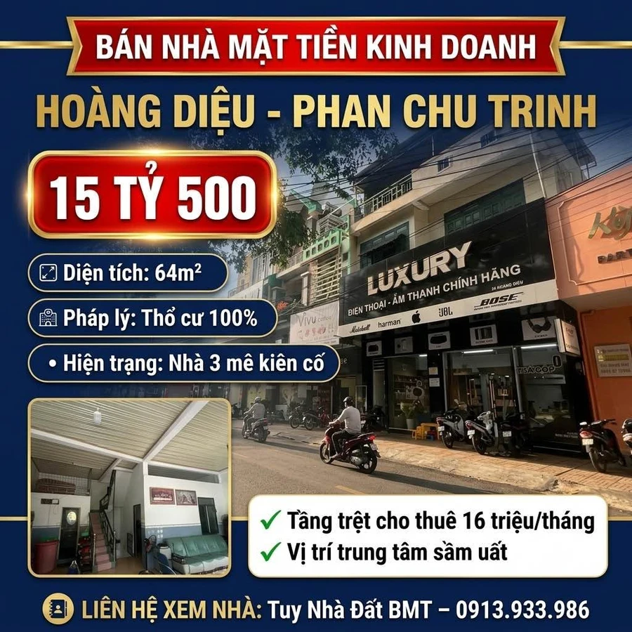 Bán nhà mặt tiền Hoàng Diệu, Buôn Ma Thuột 64m2, giá 15,5 tỷ, đang cho thuê 16 triệu/tháng - Ảnh 1