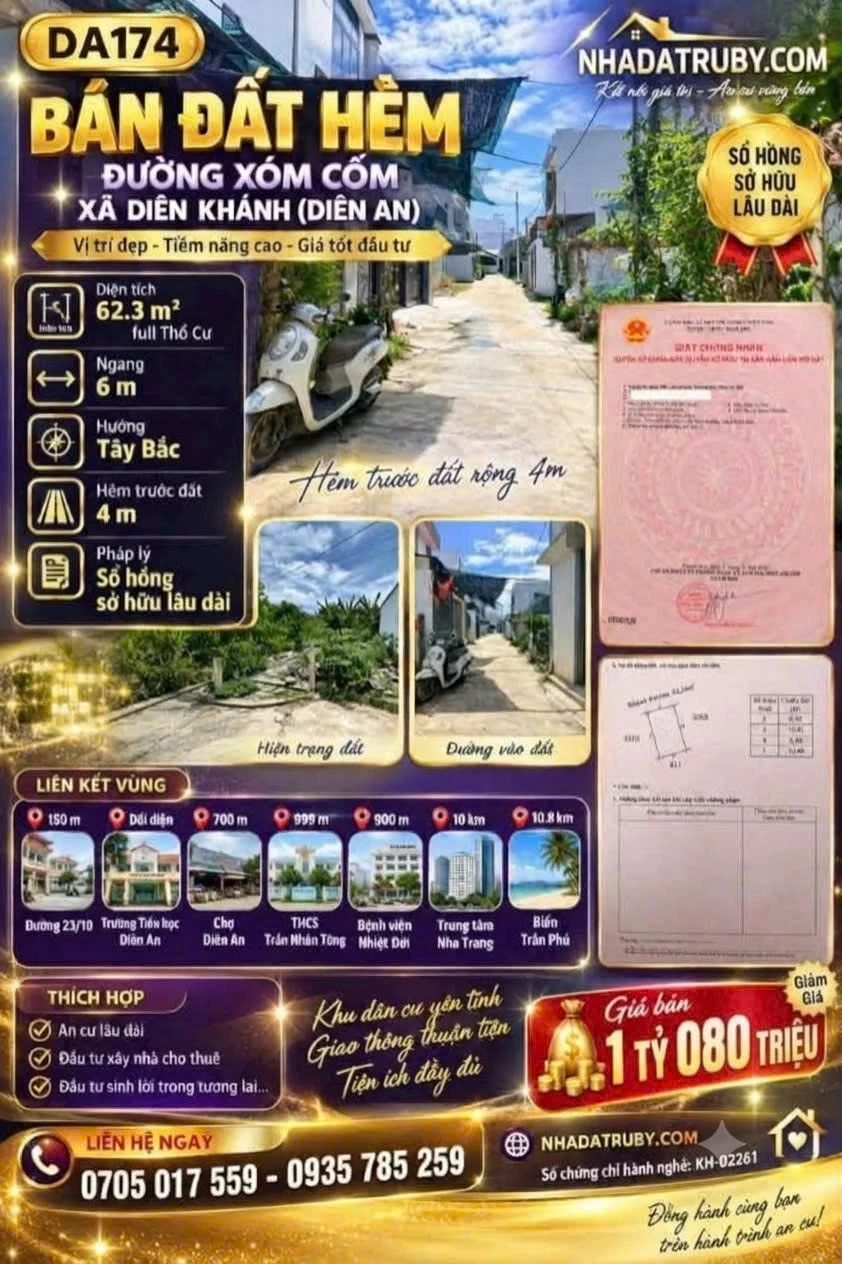 Bán đất thổ cư 62,3m2 đường Xóm Cối, Diên An, Khánh Hòa, giá 1,08 tỷ - Ảnh 1