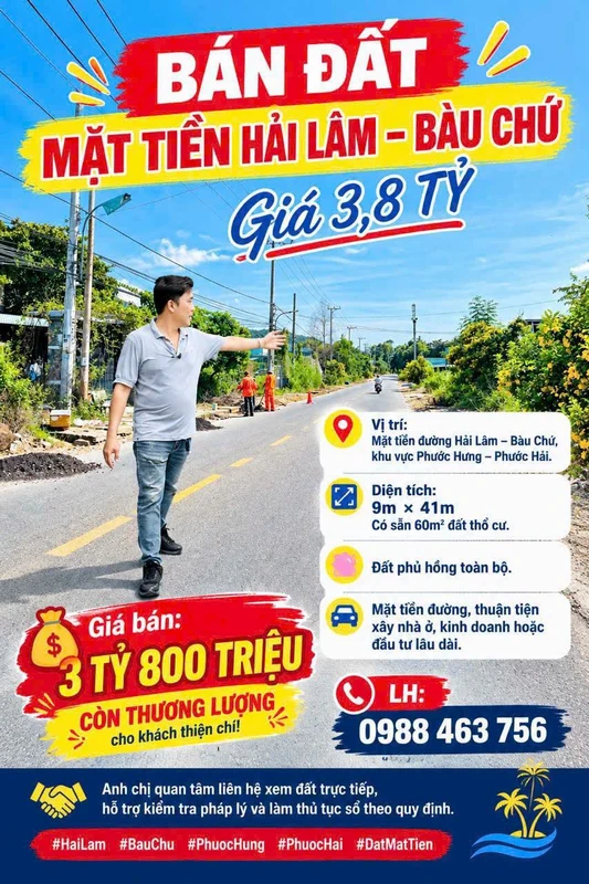 Bán đất mặt tiền Hải Lâm 369m² Bàu Chứ 3 tỷ 800 triệu