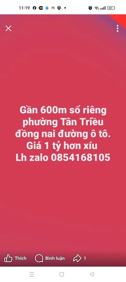 Bán đất 600m sổ riêng Tân Triều Đồng Nai giá 1 tỷ - Ảnh 1