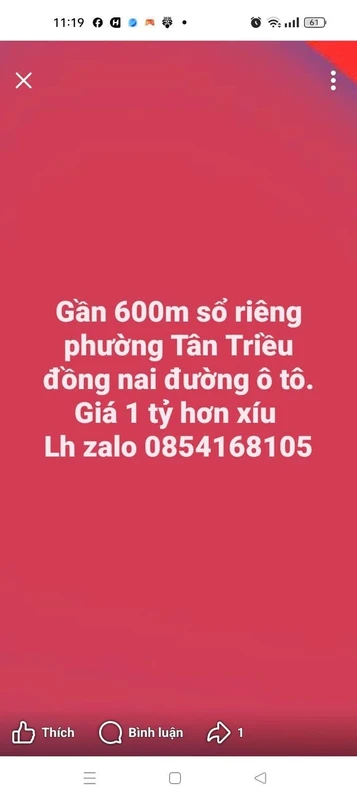 Bán đất 600m sổ riêng Tân Triều Đồng Nai giá 1 tỷ