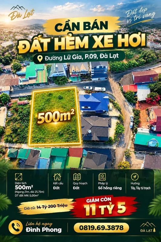 Bán đất 500m² Lữ Gia, Đà Lạt 11,5 tỷ