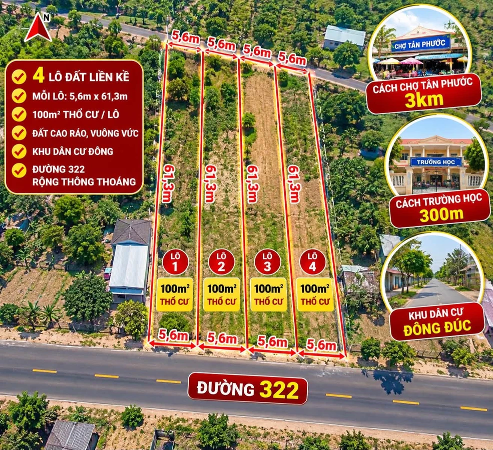 Bán 4 lô đất mặt tiền Đường 322, 100m²/lô, Bình Chánh - Ảnh 1
