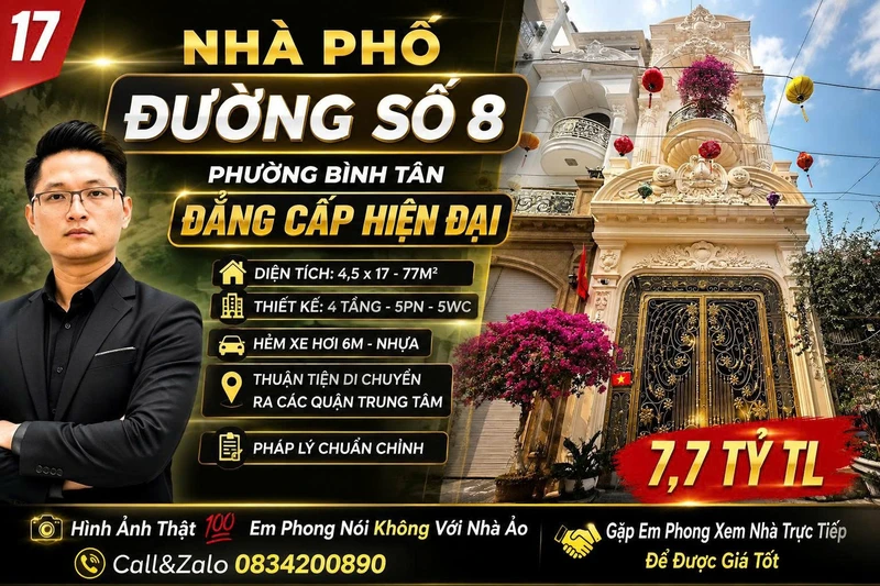 Bán nhà phố 4 tầng 77m2 hẻm xe hơi 6m, 5PN, đường số 8, Bình Tân