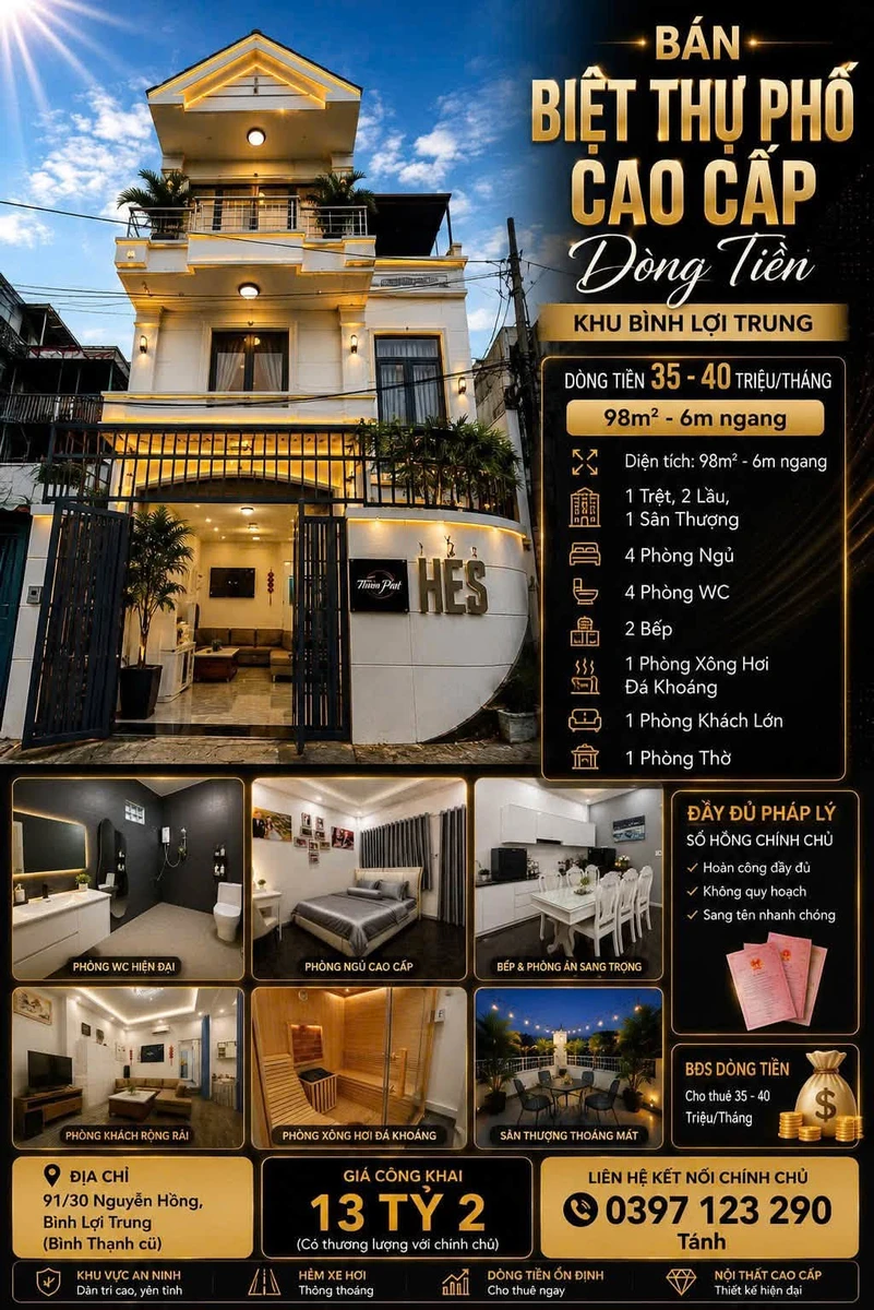 Bán nhà phố cao cấp 98m² 4 phòng ngủ Bình Thạnh 13.2 tỷ - Ảnh thu nhỏ 2