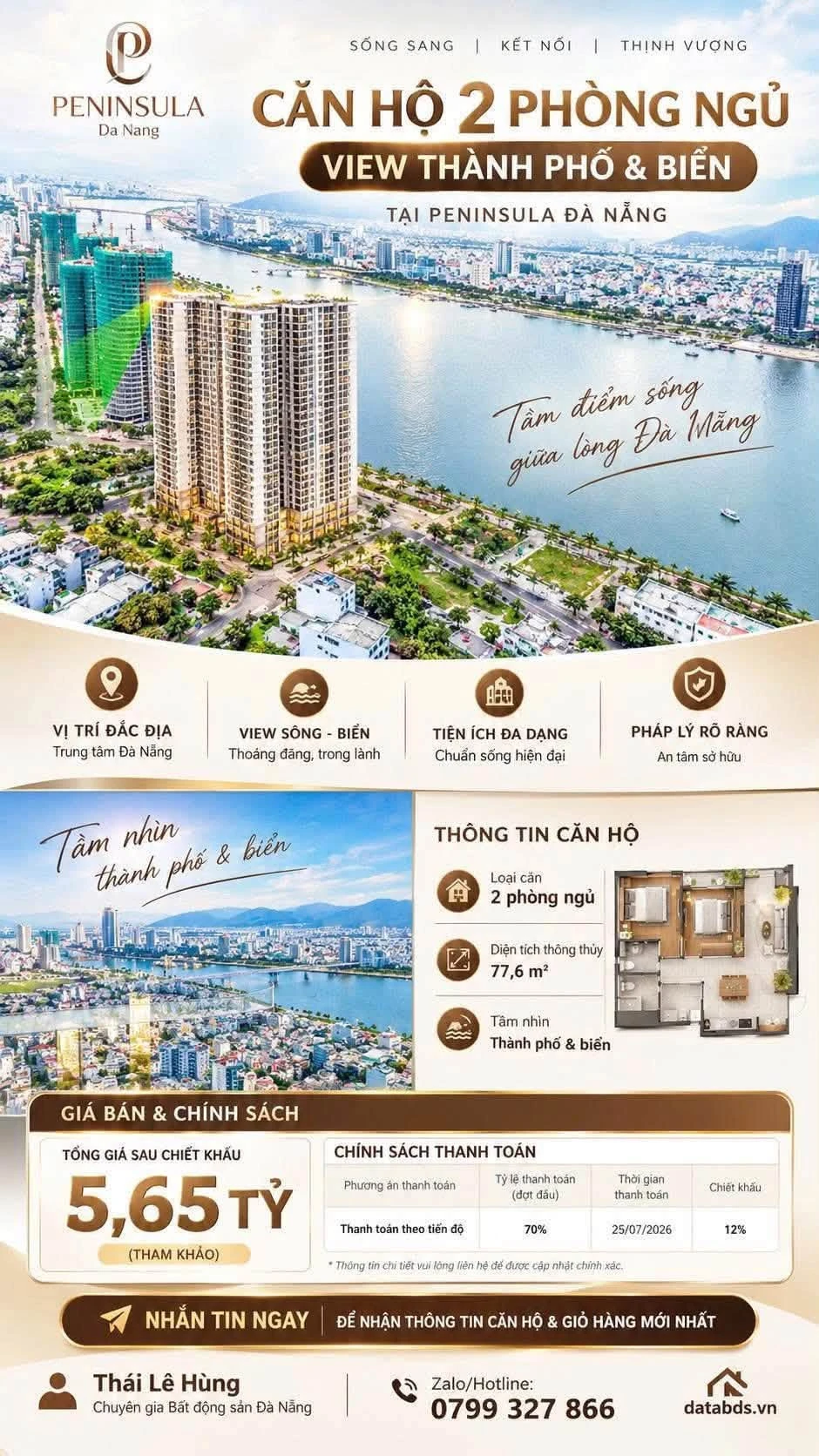 Bán căn góc 77.6m² 2PN tầng 30 Peninsula Đà Nẵng 5.6 tỷ - Ảnh 1