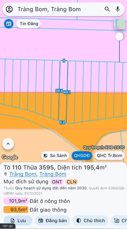 Bán đất mặt tiền Quảng Tiến 195m² Trảng Bom 1,48 tỷ