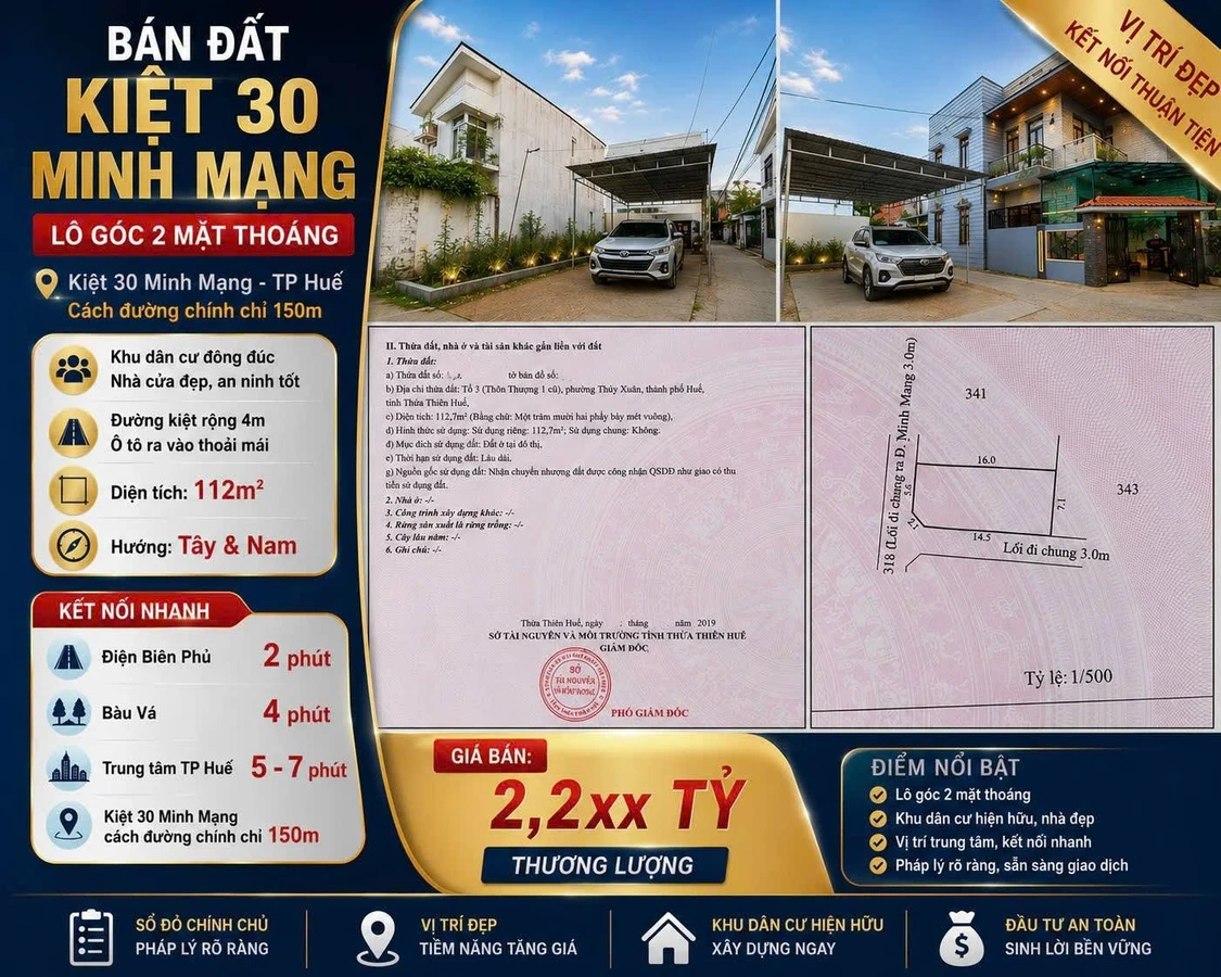 Bán đất lô góc 2 mặt thoáng 112m2 kiệt 30 Minh Mạng, Thuỷ Xuân, TP Huế - Ảnh 1