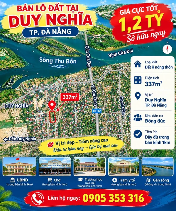 Bán lô đất 337m² Duy Nghĩa, Đà Nẵng 1,2 tỷ