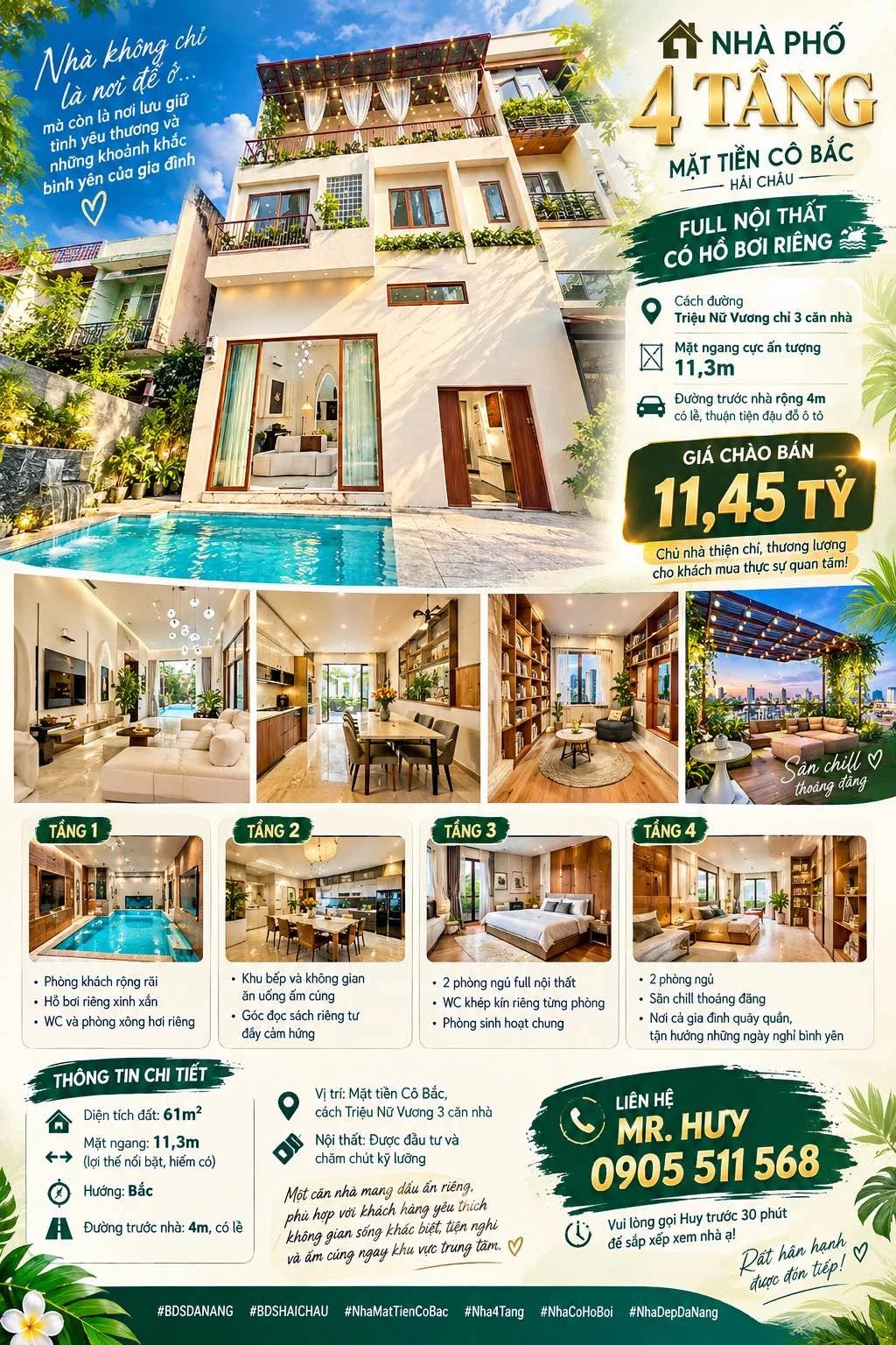 Bán nhà phố 4 tầng 61m² mặt tiền 11,3m Cô Bắc, Đà Nẵng - Ảnh 1
