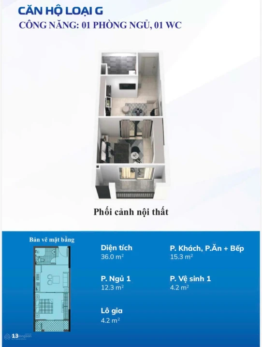 Căn 1PN1VS hướng Đông Nam 36,2m2, TT 135 triệu, NHCS cho vay 80%