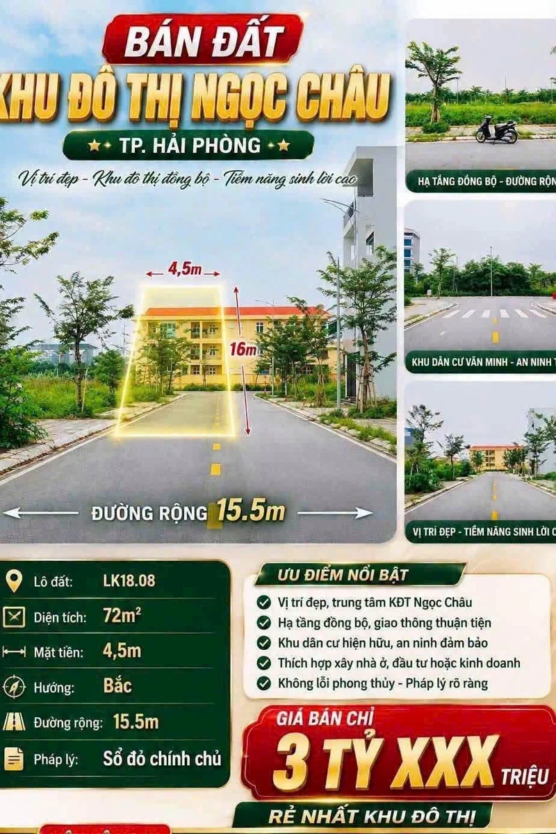 Bán đất Ngọc Châu Hải Phòng 72m2 mặt 4,5m - Ảnh 1