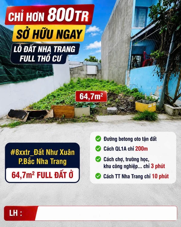 Bán đất nền Nha Trang 64,7m² chỉ 800 triệu