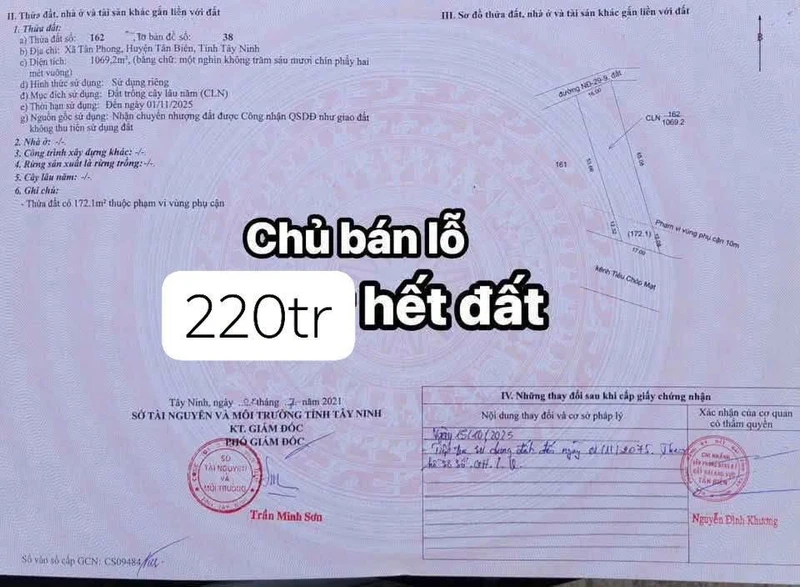 Bán đất 1000m2 Tây Ninh 220 triệu