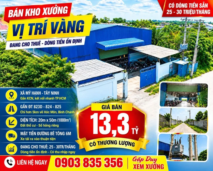 Bán kho xưởng 1000m² Đức Hòa, cho thuê 25-30tr/tháng, 13,3 tỷ