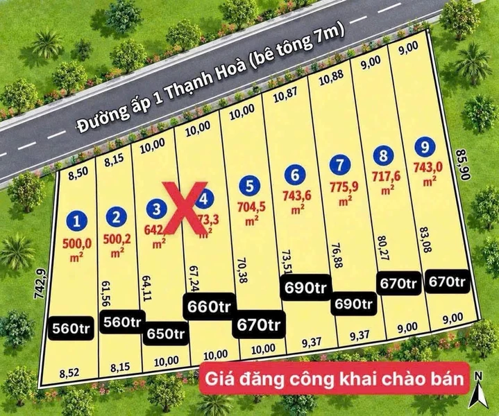 Bán đất vườn Thạnh Hòa 500-750m², 560-690 triệu, Long An