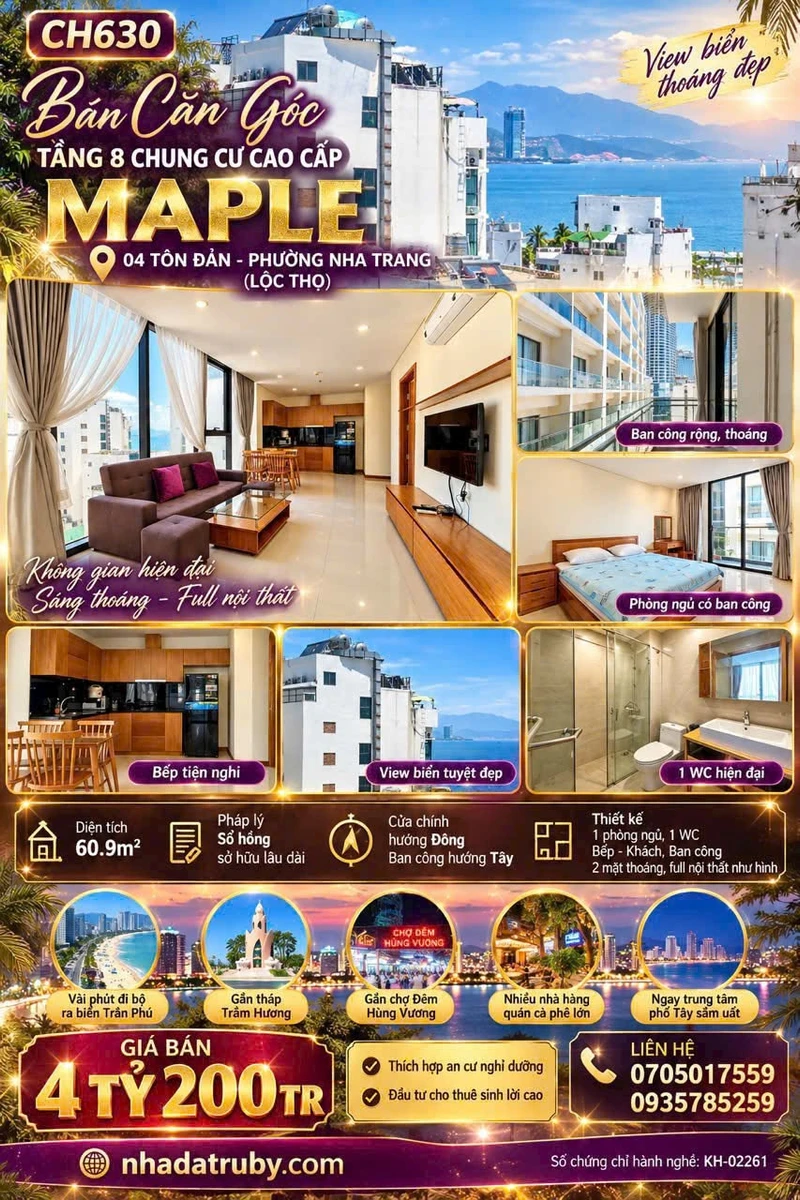 Bán căn hộ Maple 04 Tôn Đản 60,9m2 1PN full nội thất giá 4,2 tỷ, Nha Trang - Ảnh 1