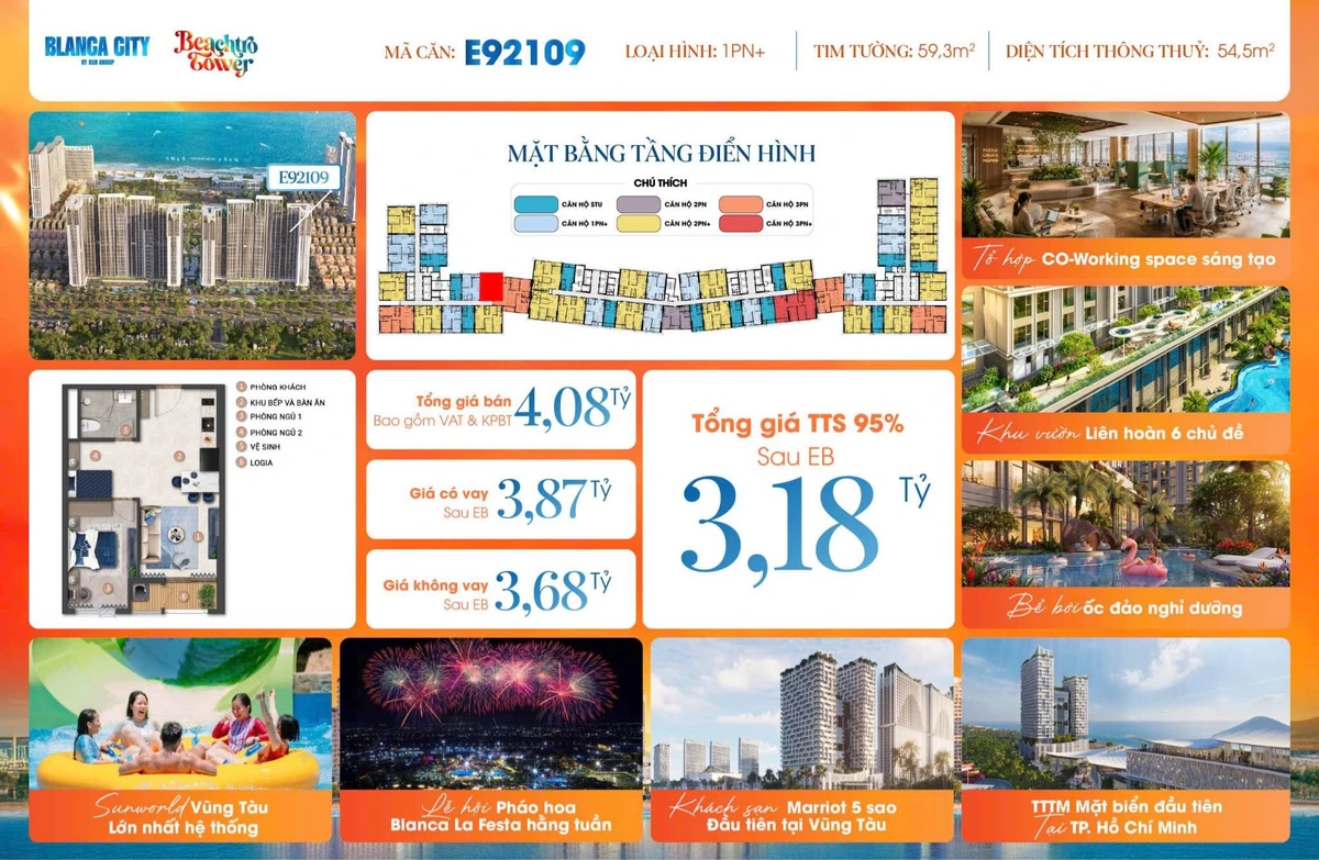Bán căn hộ 1PN Blanca City 54,5m² giá 3,18 tỷ - Ảnh 1