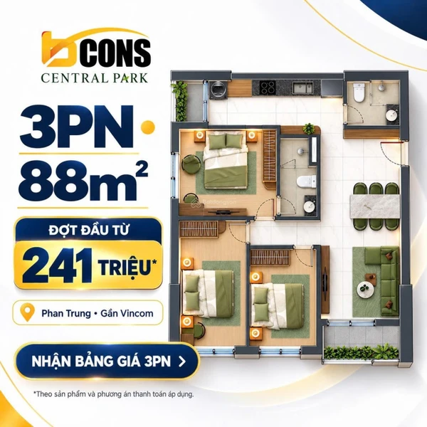 Hot 1 căn 3PN hiếm có trên mặt bằng tầng Bcons Central Park, căn góc B.XX.30 tầng trung, CK 8,5%