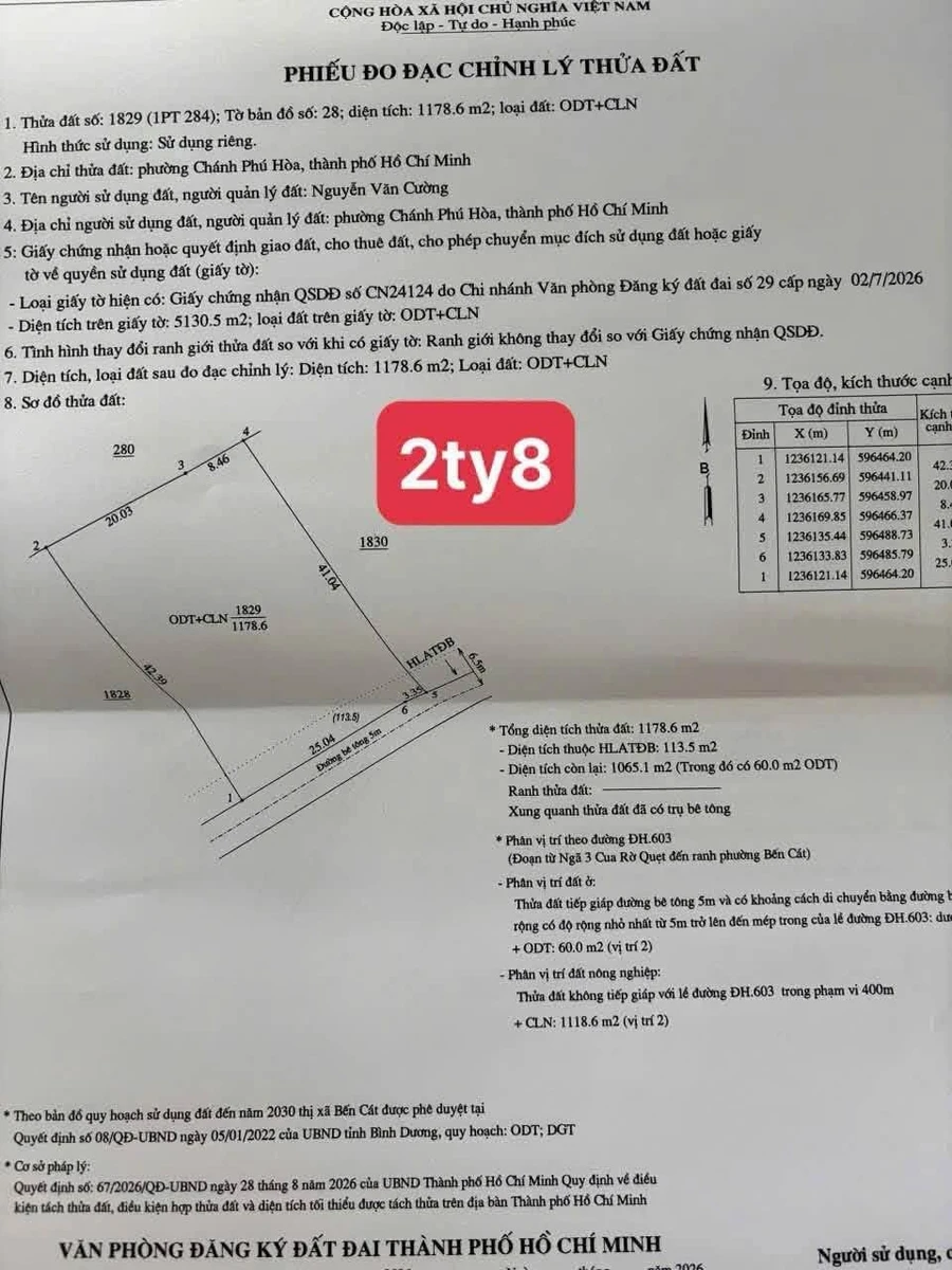 Bán đất Chánh Phú Hòa 1176m2, giá 2.8 tỷ - Ảnh 1