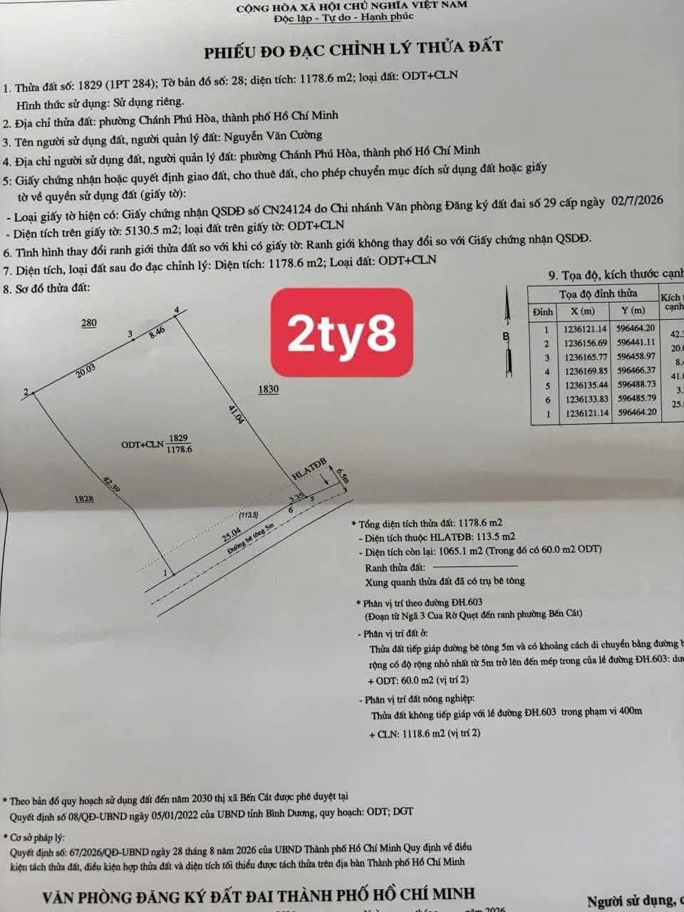 Bán đất Chánh Phú Hòa 1176m2, giá 2.8 tỷ - Ảnh 1