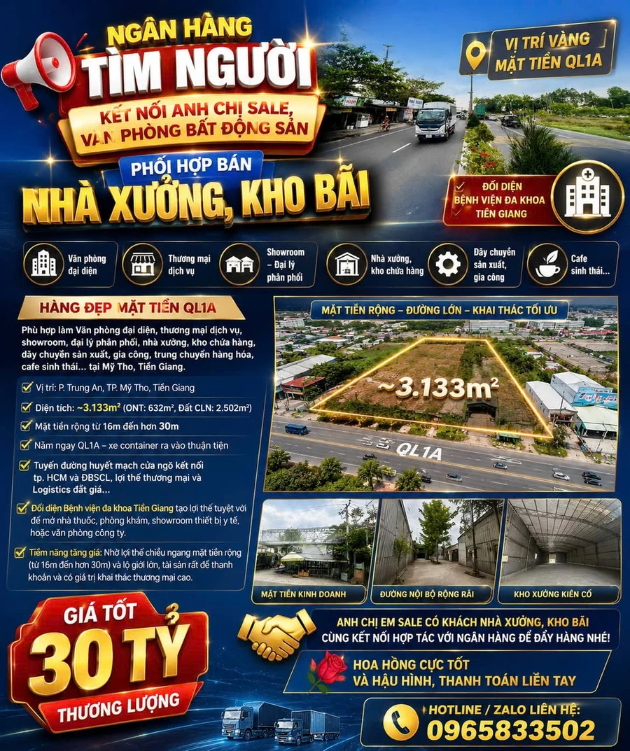 Bán đất mặt tiền Quốc lộ 1A 3.133m2 đối diện Bệnh viện Tiền Giang, giá hơn 30 tỷ - Ảnh 1