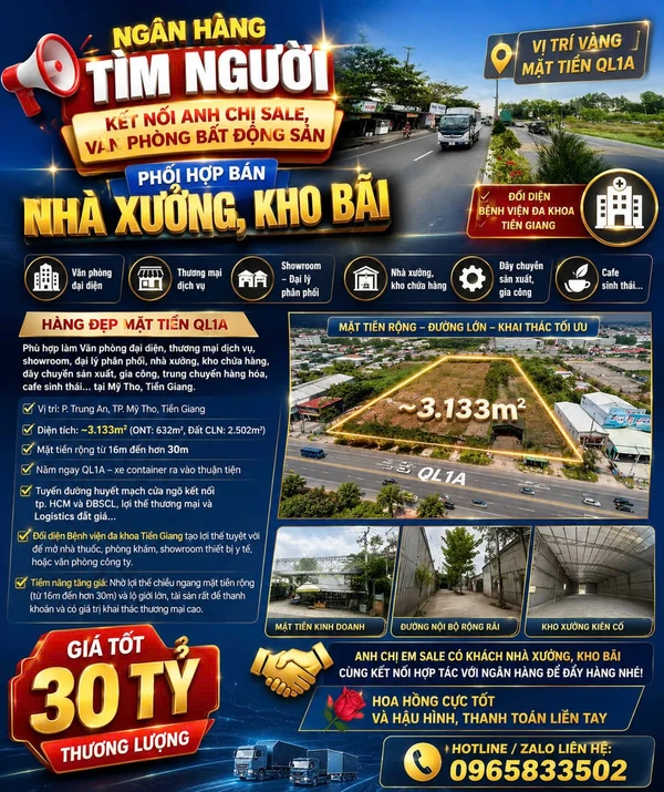Bán đất mặt tiền Quốc lộ 1A 3.133m2 đối diện Bệnh viện Tiền Giang, giá hơn 30 tỷ