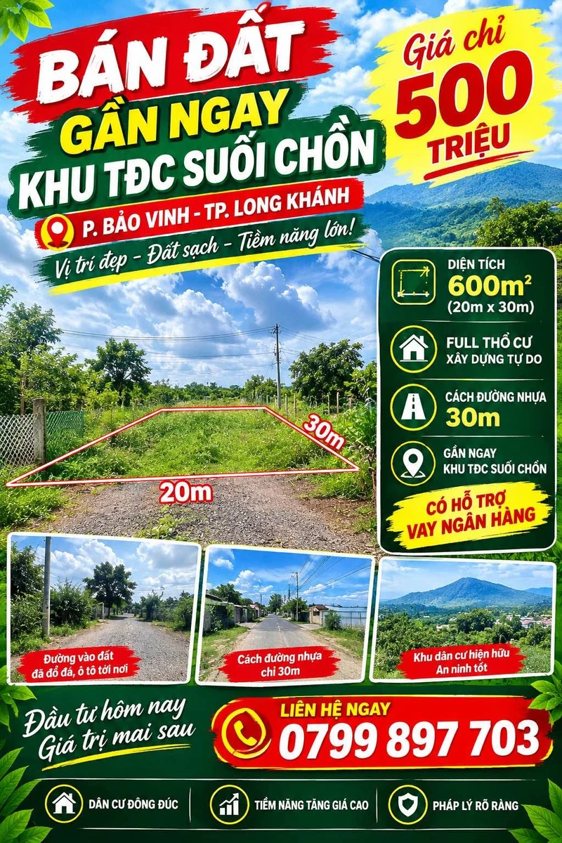 Bán đất 600m² Suối Chồn Hóc Môn 500 triệu - Ảnh 1