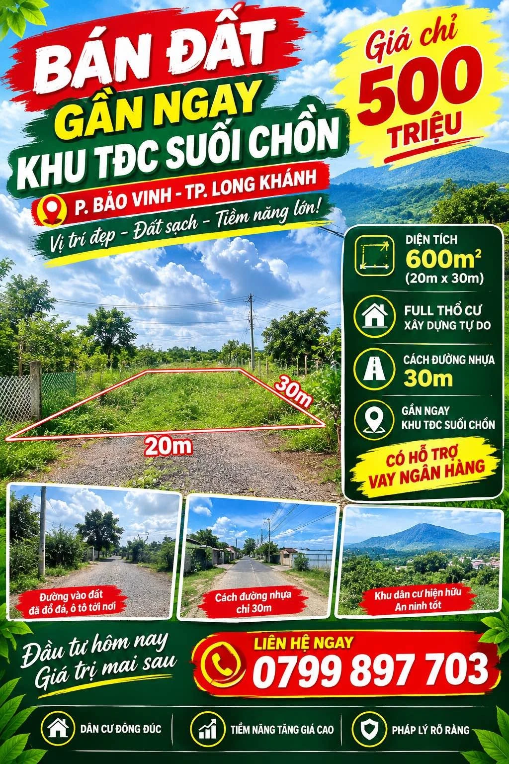 Bán đất 600m² Suối Chồn Hóc Môn 500 triệu - Ảnh 1