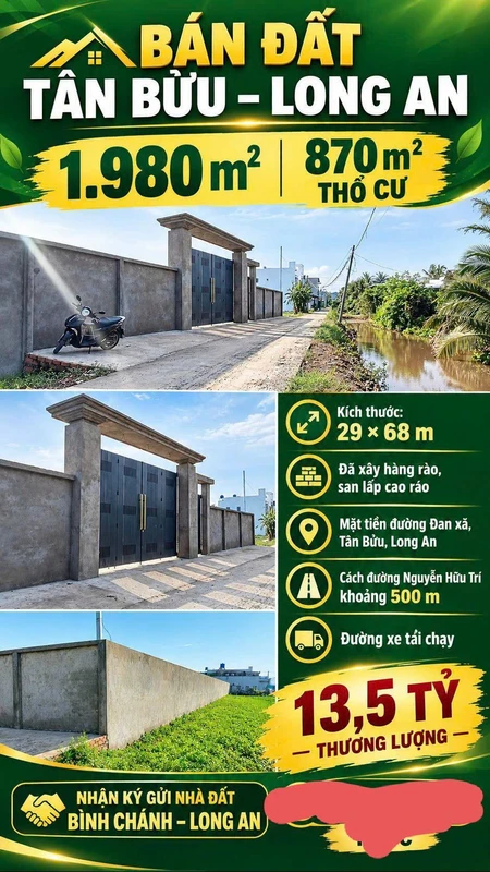 Bán đất Tân Bửu Long An 1980m² mặt tiền Đan 13,5 tỷ