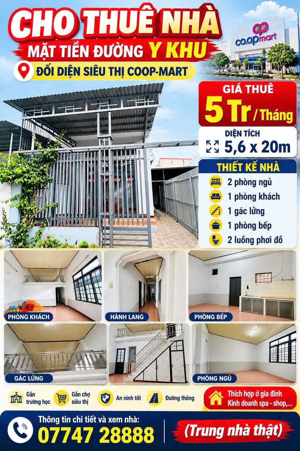Cho thuê nhà mặt tiền Y 112m² 2PN 5 triệu/tháng - Ảnh 1