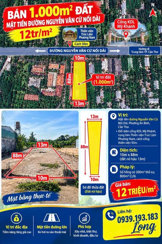 Bán 1000m2 đất mặt tiền Nguyễn Văn Cừ Nối Dài, Cần Thơ 12tr/m2