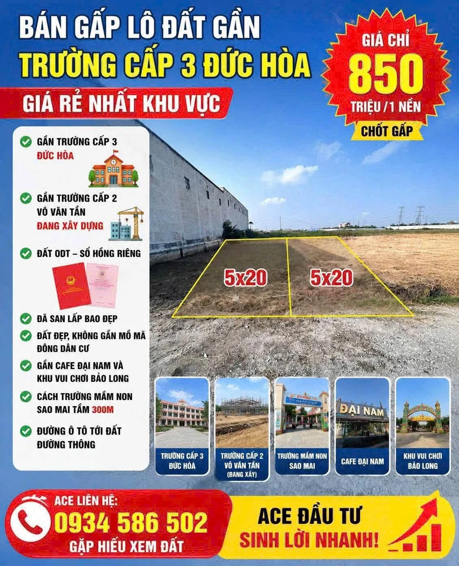 Bán đất thổ cư 5x20m sổ hồng riêng giá 850 triệu tại thị trấn Đức Hòa, Long An - Ảnh 1