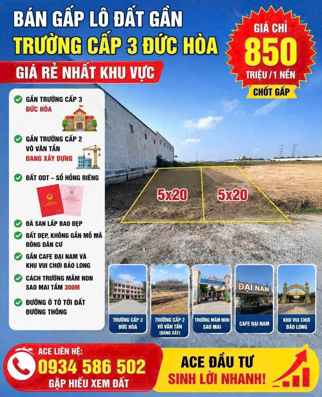 Bán đất thổ cư 5x20m sổ hồng riêng giá 850 triệu tại thị trấn Đức Hòa, Long An - Ảnh 1