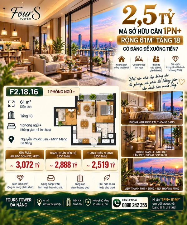 Bán căn hộ 1PN+ 61m² tầng 18 FourS Tower 2,5 tỷ