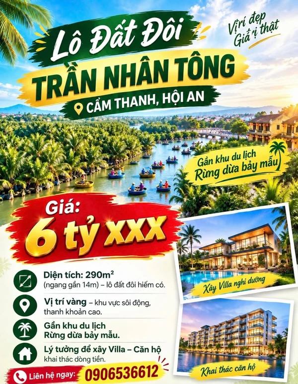 Bán lô đất đôi 290m² đường Trần Nhân Tông nối dài, Hội An, giá 6 tỷ