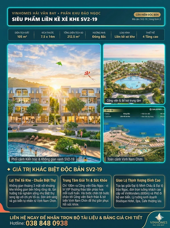 Bán liền kề xẻ khe 4 tầng 212m² tại Vinhomes Hải Vân Bay 12.09 tỷ