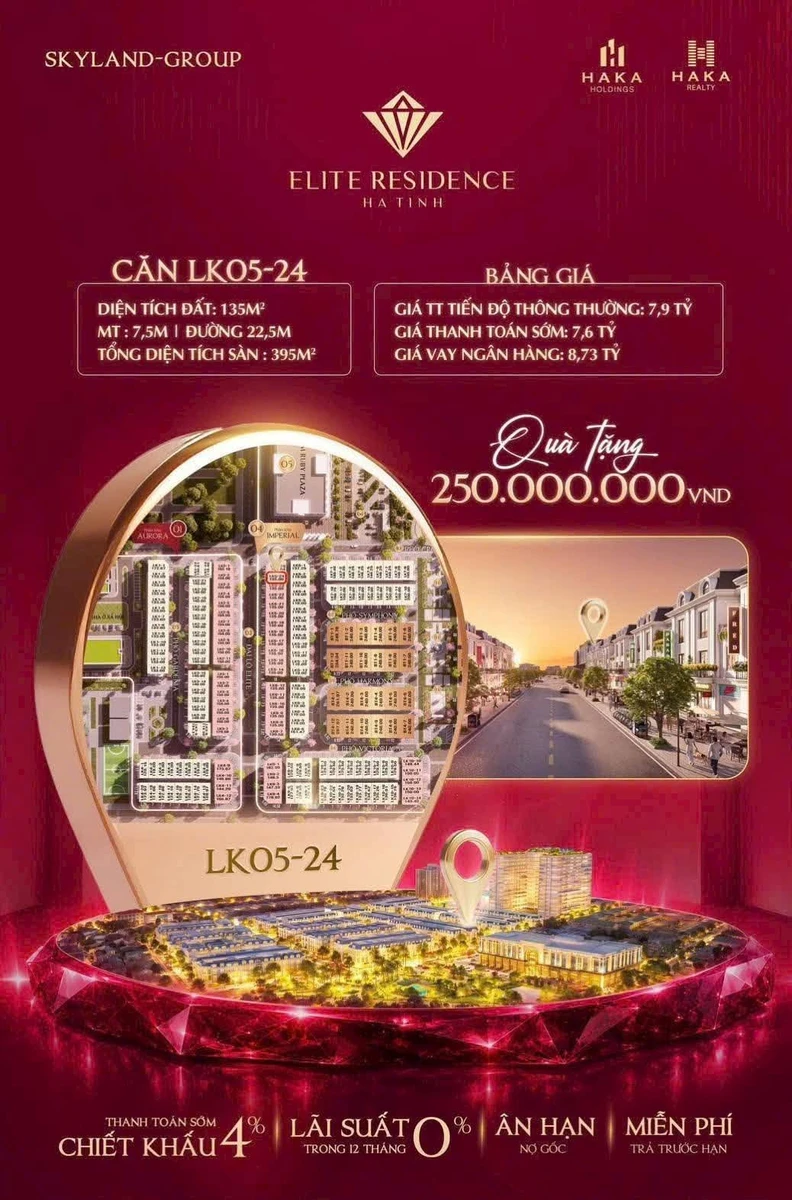 Bán biệt thự 4 tầng 135m² Elite Residence Hà Tĩnh 7,6 tỷ - Ảnh 1
