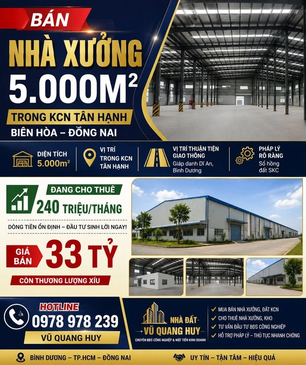 Bán nhà xưởng 5000m² Tân Hạnh, Biên Hòa, giá 33 tỷ